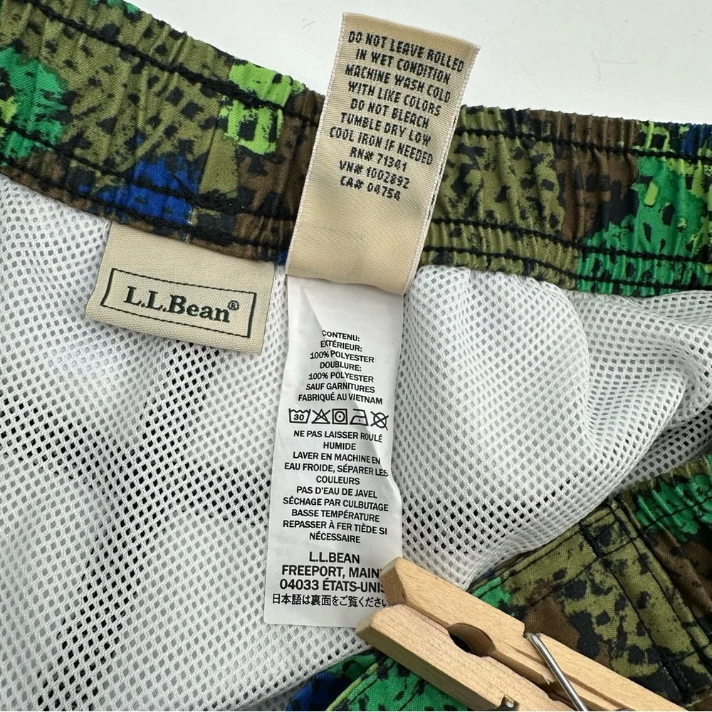 LL Bean Swim Trunks Boys Size 10 Mesh Liner Blue Green Print Beach Board Shorts